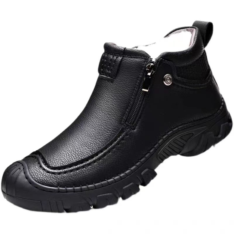 Bumbac-căptușit Pantofi de bărbați noi de iarnă cu căptușeală de lână cu față dublă îngroșată din piele de lână antiderapantă pentru bărbați de vârstă mijlocie și vârstnici Tata Casual High-Top Pantofi de piele caldă de piele