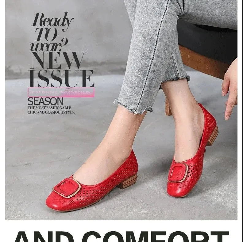 Primăvară și vară Pantaloni moi de primăvară și de vară Loafers Loafers Large Buckle Hole Casual Low-Cut Gommino Middleweight Mama Pantofi pentru femei