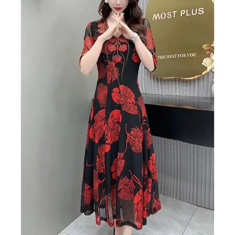 Rochie la modă cu gât în V Floral V-Neck Rochie pentru femei 2023 Vara New Elegant Anti-îmbătrânire burta ascunde slăbire Lungime medie A-Line fusta