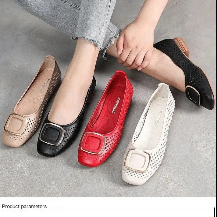 Primăvară și vară Pantaloni moi de primăvară și de vară Loafers Loafers Large Buckle Hole Casual Low-Cut Gommino Middleweight Mama Pantofi pentru femei