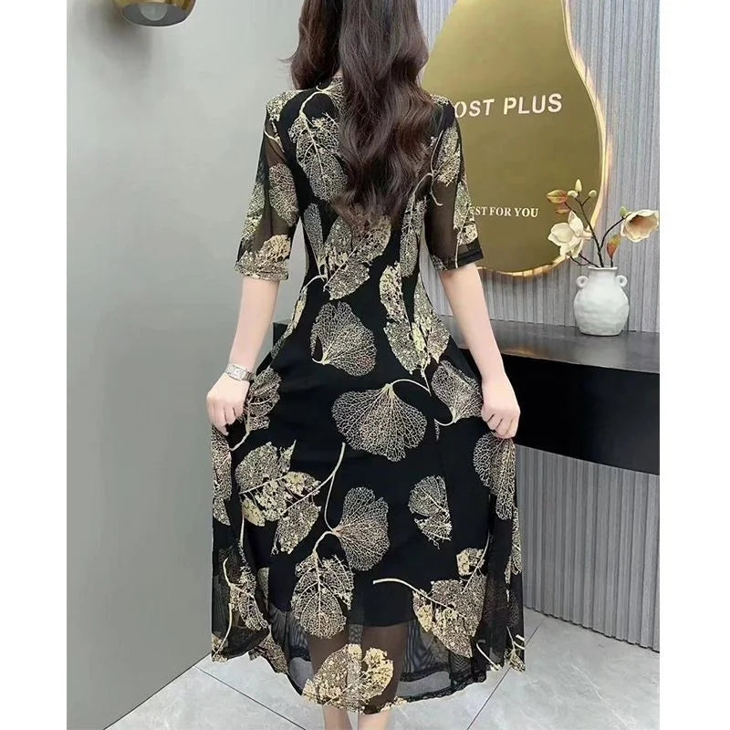 Rochie la modă cu gât în V Floral V-Neck Rochie pentru femei 2023 Vara New Elegant Anti-îmbătrânire burta ascunde slăbire Lungime medie A-Line fusta